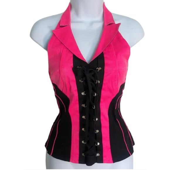 Tripp NYC Halter Corset Pink Black Tie Up Front Pull Zips Back Medium - Picture 1 of 7